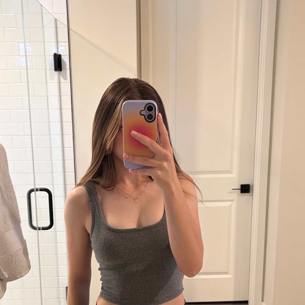 Ribbed Square-Neck Tank Top - Gray